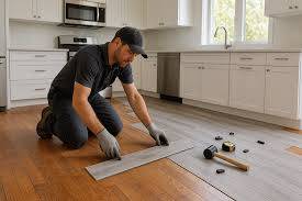 Open concept residential interior design featuring extensive hardwood flooring installation