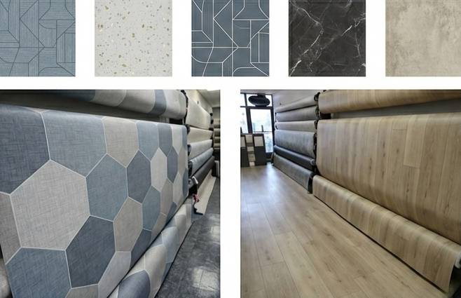  sheet vinyl luxury flooring sample boards in toronto showroom rack