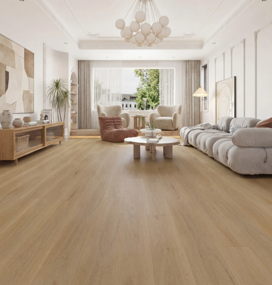Detailed texture view of modern grey laminate flooring planks from our Toronto installation gallery